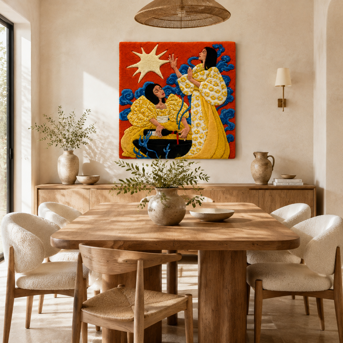 Wall art featuring a vibrant, colorful design by Saffron Sisters from Hewn Earth, displayed on a neutral wall.