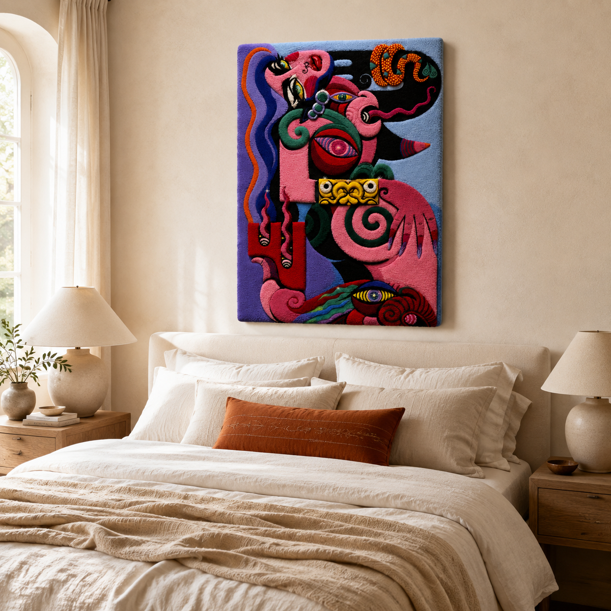 Hewn Earth Vermilion Guardian wall art featuring intricate design on a framed piece for home decor.