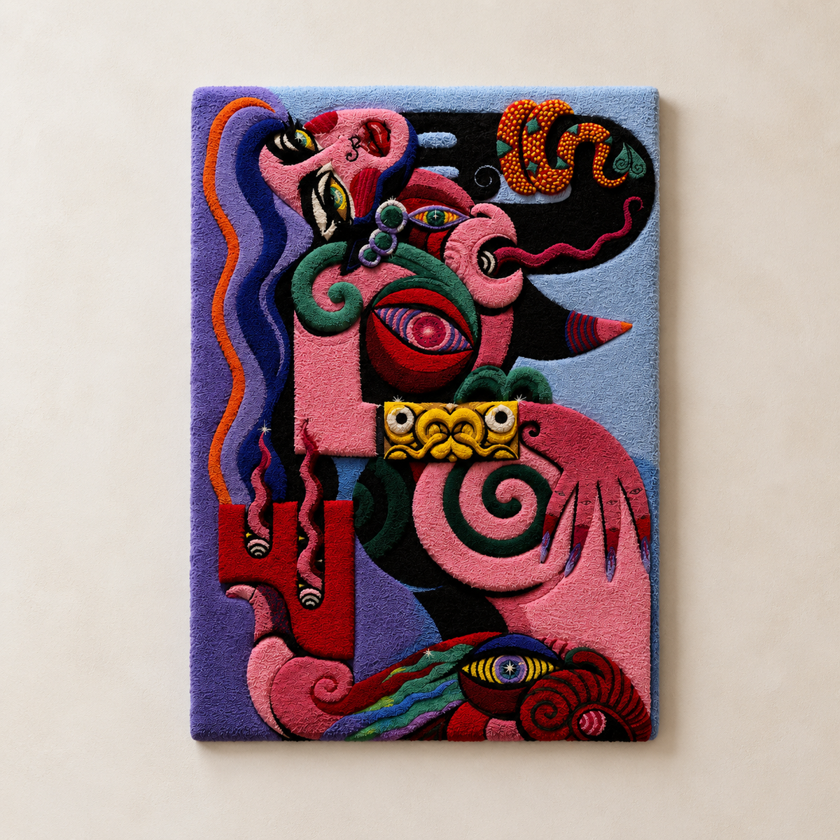 Hewn Earth Vermilion Guardian wall art featuring intricate guardian figure in vibrant red tones on textured background