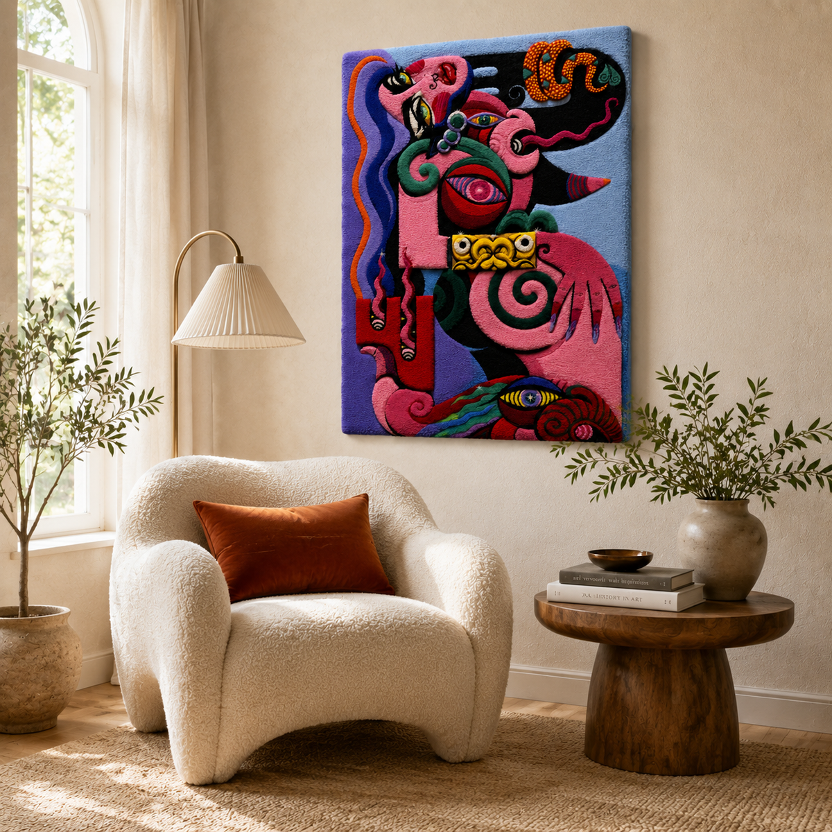 Vermilion Guardian wall art by Hewn Earth featuring vibrant red and orange abstract design on a textured canvas.