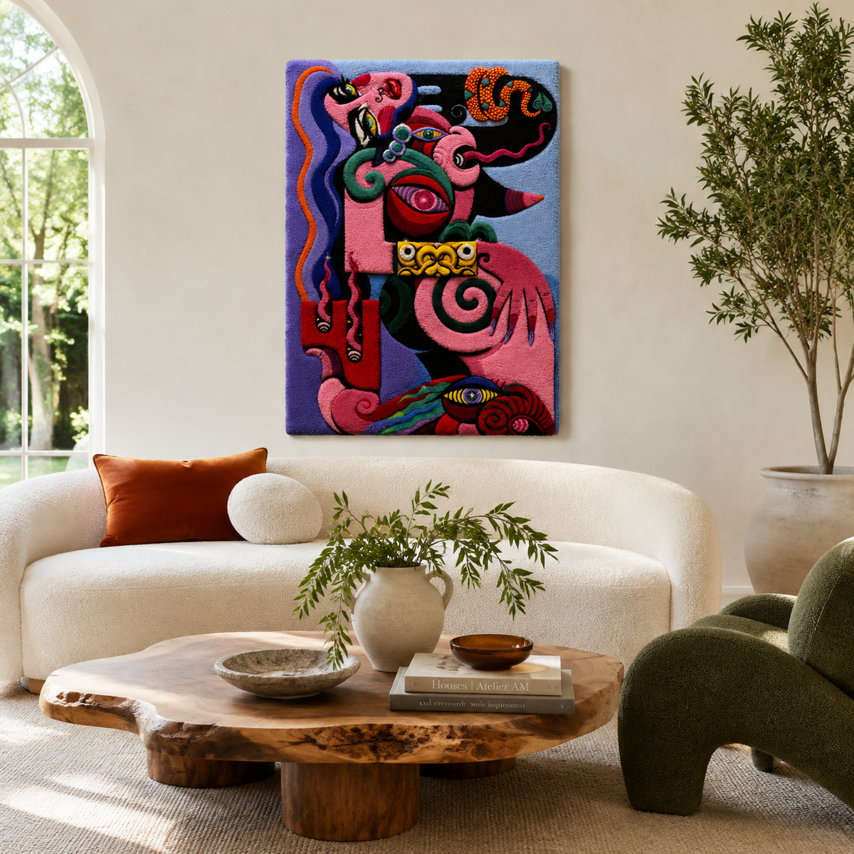 Vermilion Guardian wall art by Hewn Earth featuring vibrant, abstract design on canvas with bold red and earthy tones.