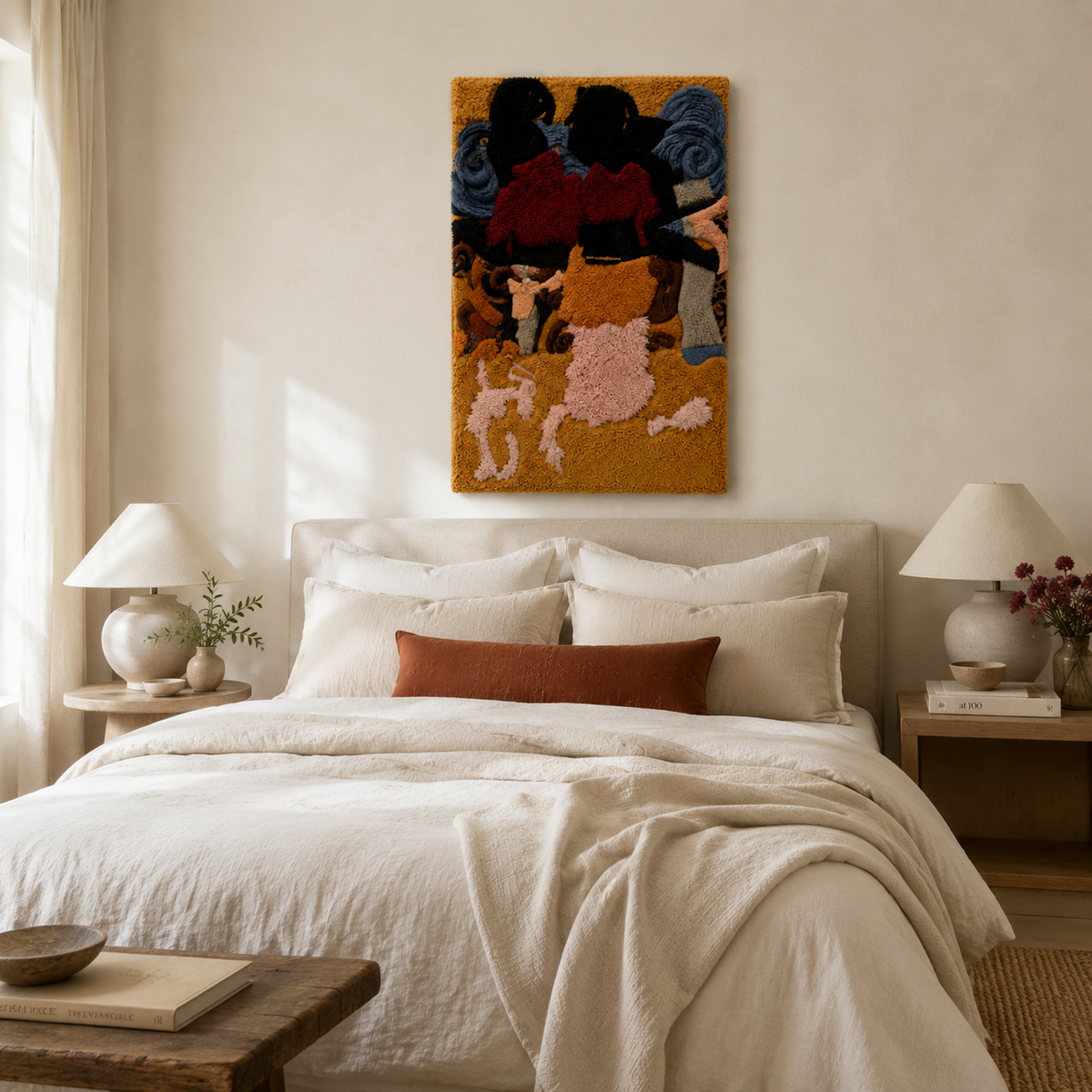Hewn Earth Gathering at Dusk wall art depicting a serene outdoor scene with trees and warm sunset colors.