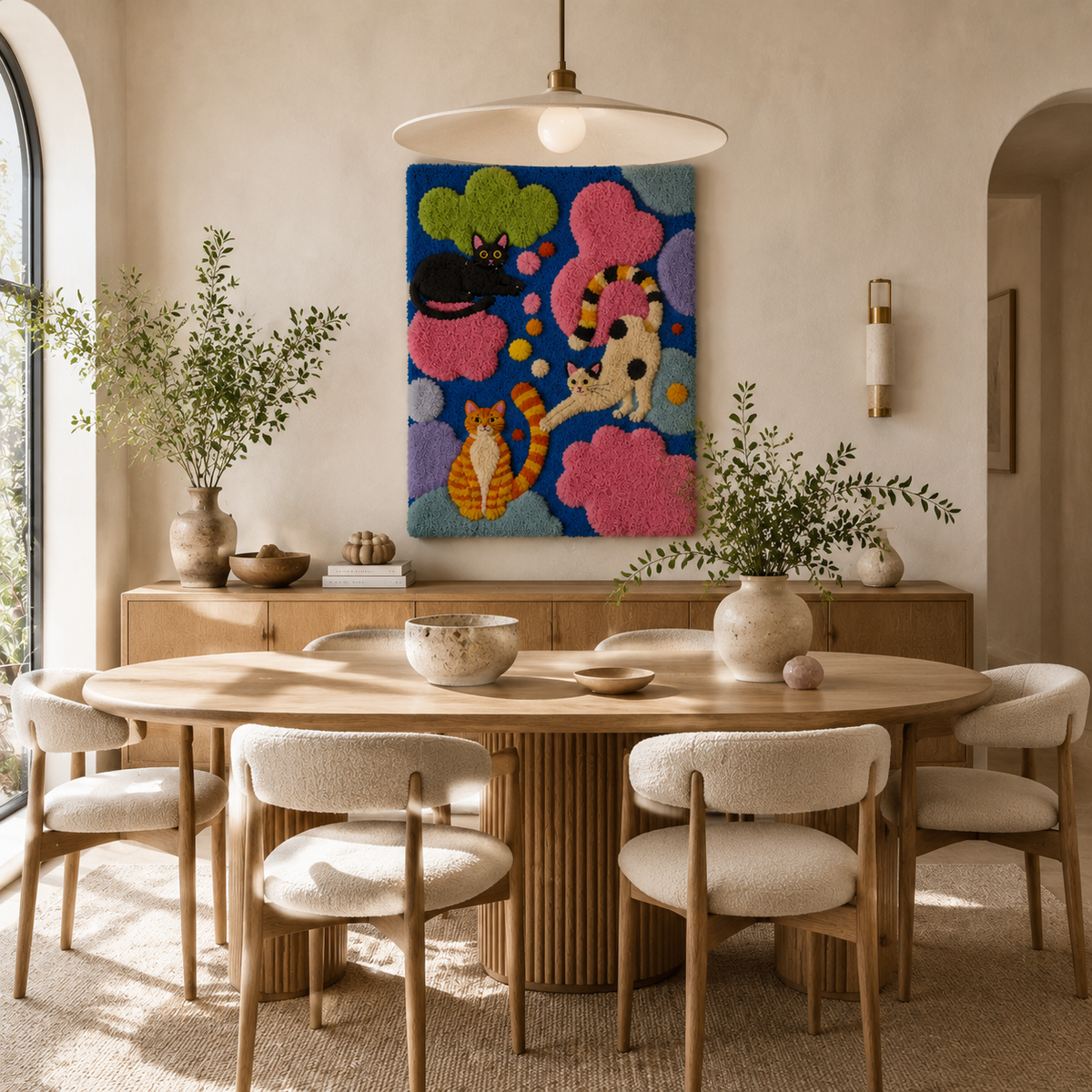 Hewn Earth Secret Garden Cats wall art featuring whimsical feline illustrations in a lush garden scene.
