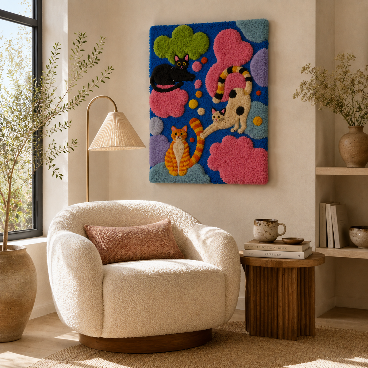Hewn Earth Secret Garden Cats wall art featuring colorful cats and floral designs on a decorative wall hanging.