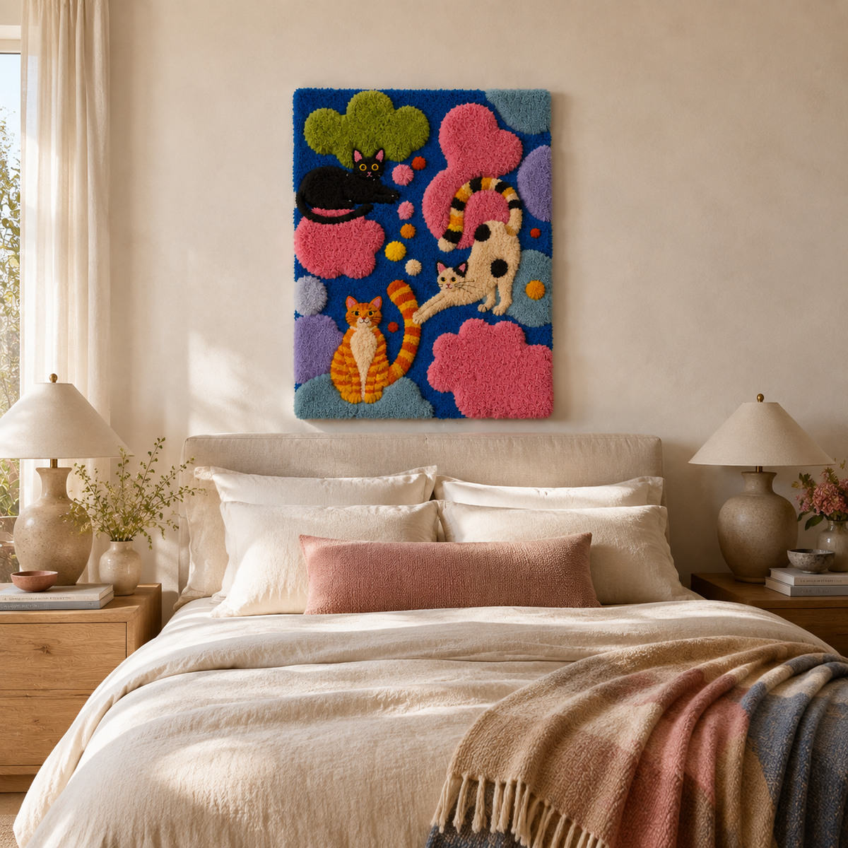 Colorful Secret Garden Cats wall art by Hewn Earth, featuring whimsical feline illustrations against a vibrant garden background.