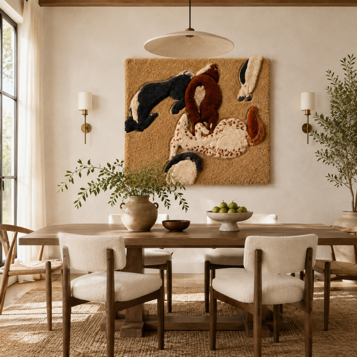 Hewn Earth Meadow Horses wall art featuring tranquil horse silhouettes on a natural-toned background, ideal for rustic home decor.