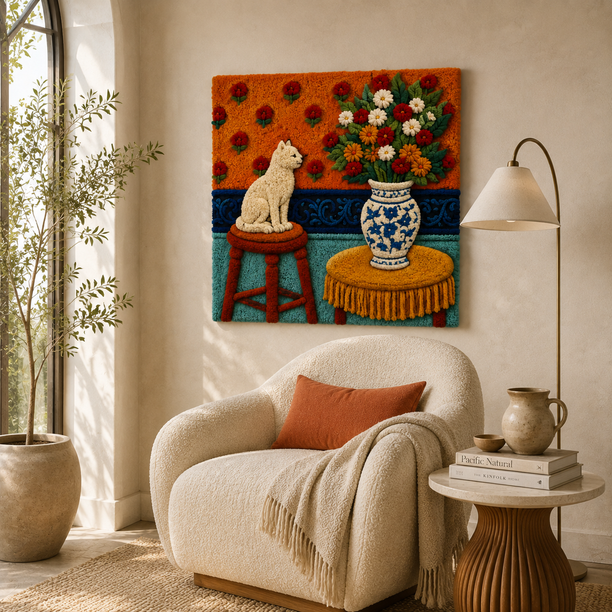 Porcelain wall art featuring a cat sitting beside a porcelain piece, designed by Hewn Earth for elegant home decor.