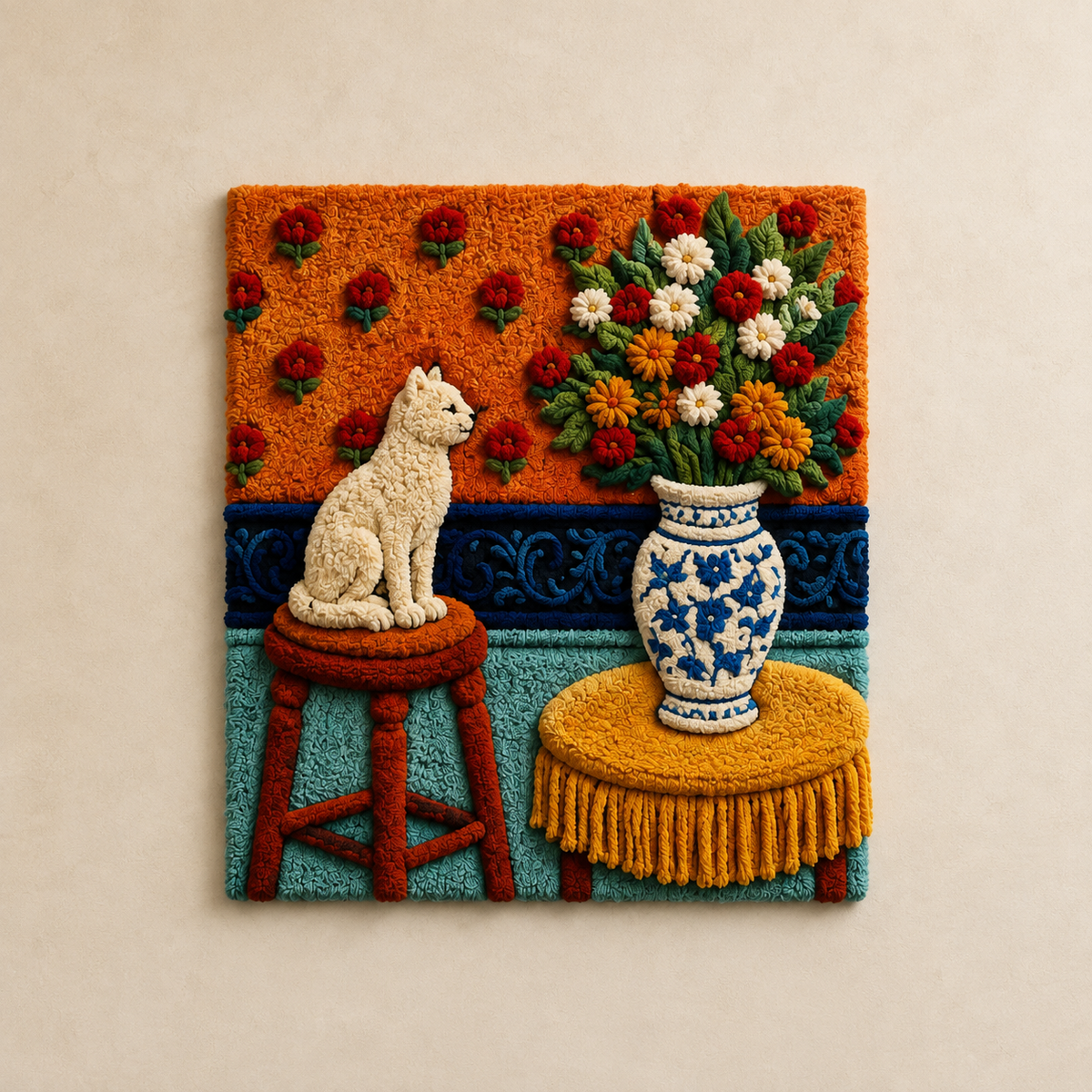 Porcelain wall art featuring a cat sitting beside a white porcelain sculpture, by Hewn Earth.