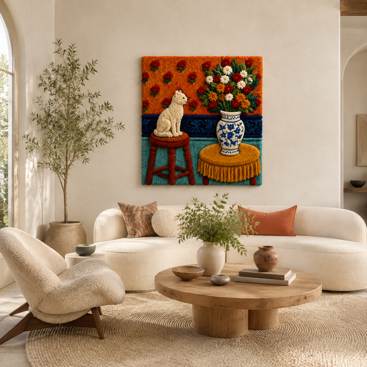 Wall art by Hewn Earth featuring a cat sitting beside a porcelain sculpture, displayed on a neutral background.