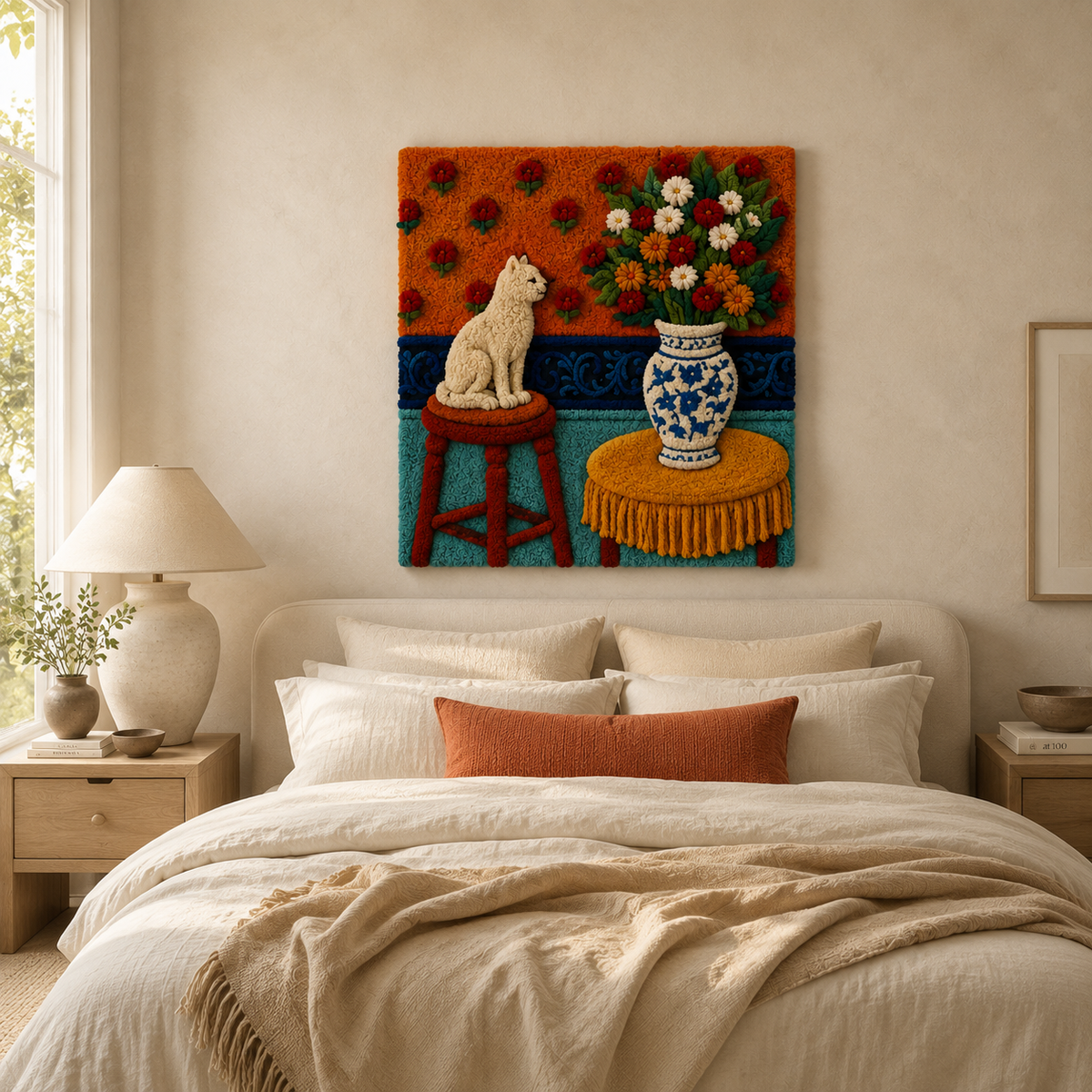 Porcelain wall art by Hewn Earth featuring a cat sitting beside a porcelain piece, showcasing detailed craftsmanship and natural tones.