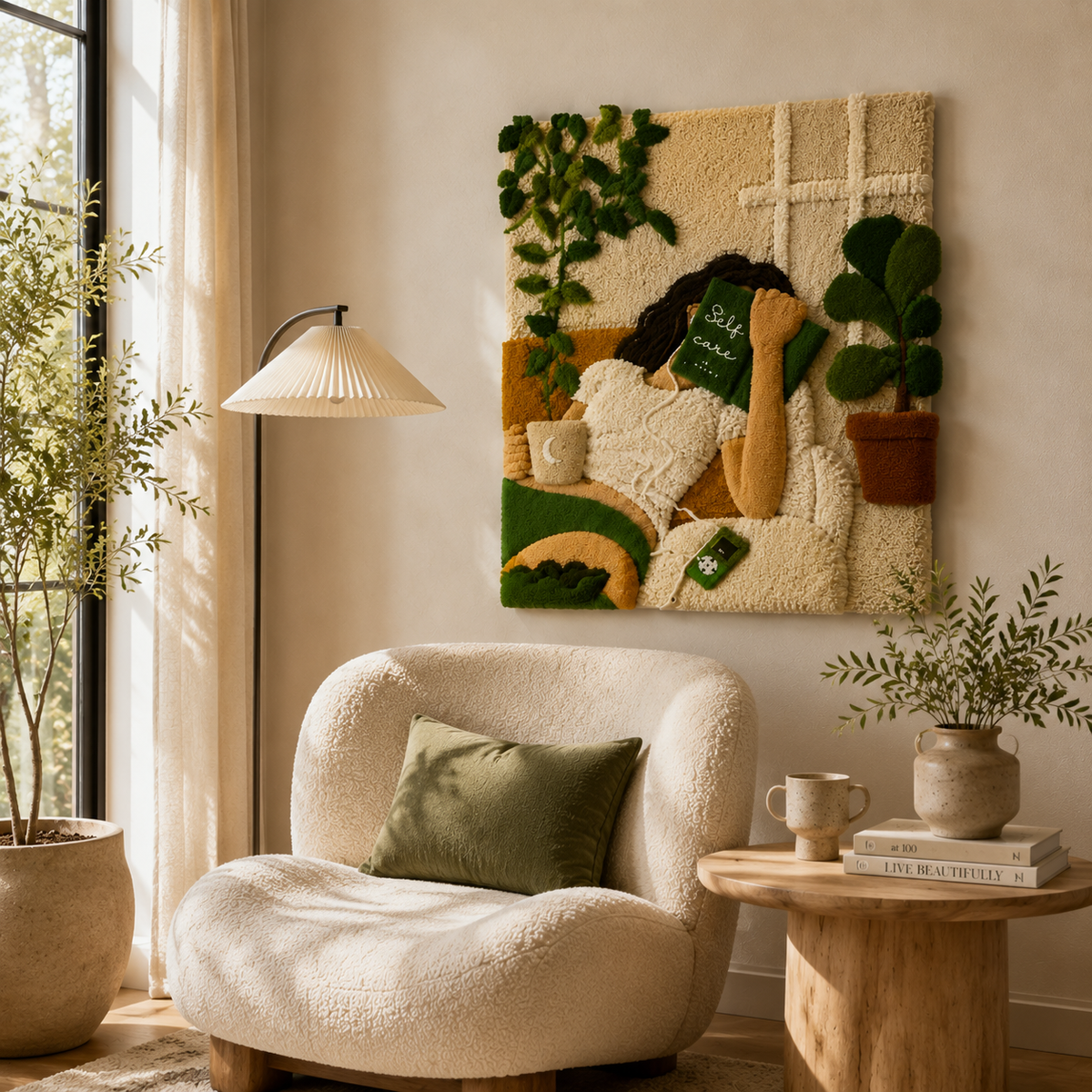 Hewn Earth Sunday with Ferns wall art featuring vibrant green fern illustrations on a neutral background.