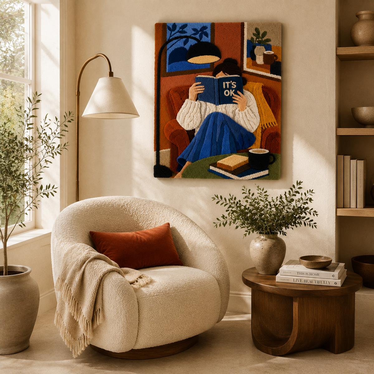 Blue Hour Reader wall art by Hewn Earth featuring a serene blue and white abstract design suitable for home decor.