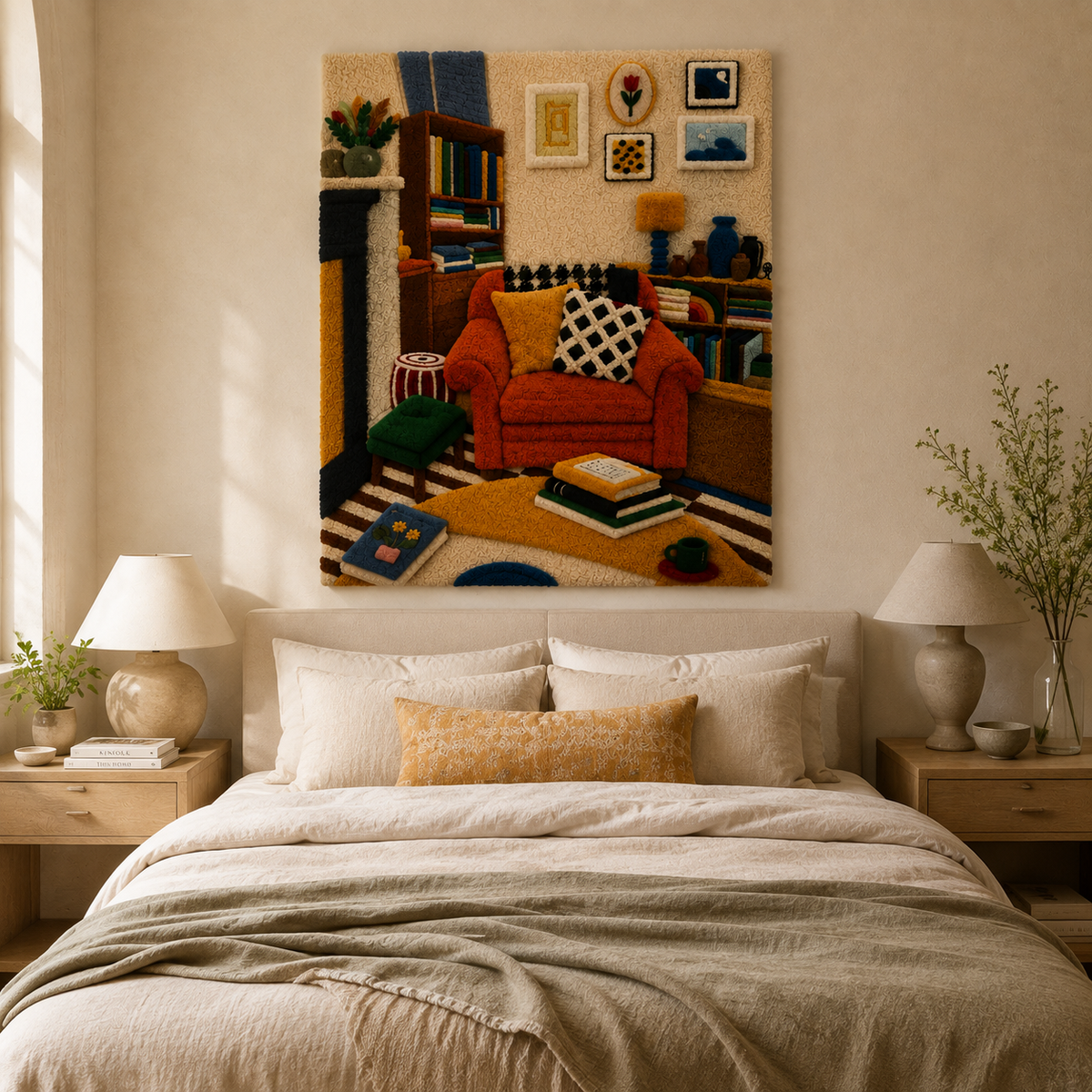 Hewn Earth wall art titled "Library in Ochre" featuring a vibrant ochre-colored library scene on a wall art print.