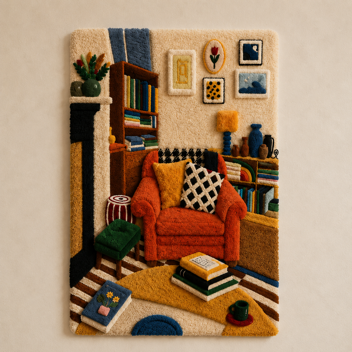 Hewn Earth Library in Ochre wall art featuring a detailed, textured library scene in warm ochre tones, suitable for home decor.