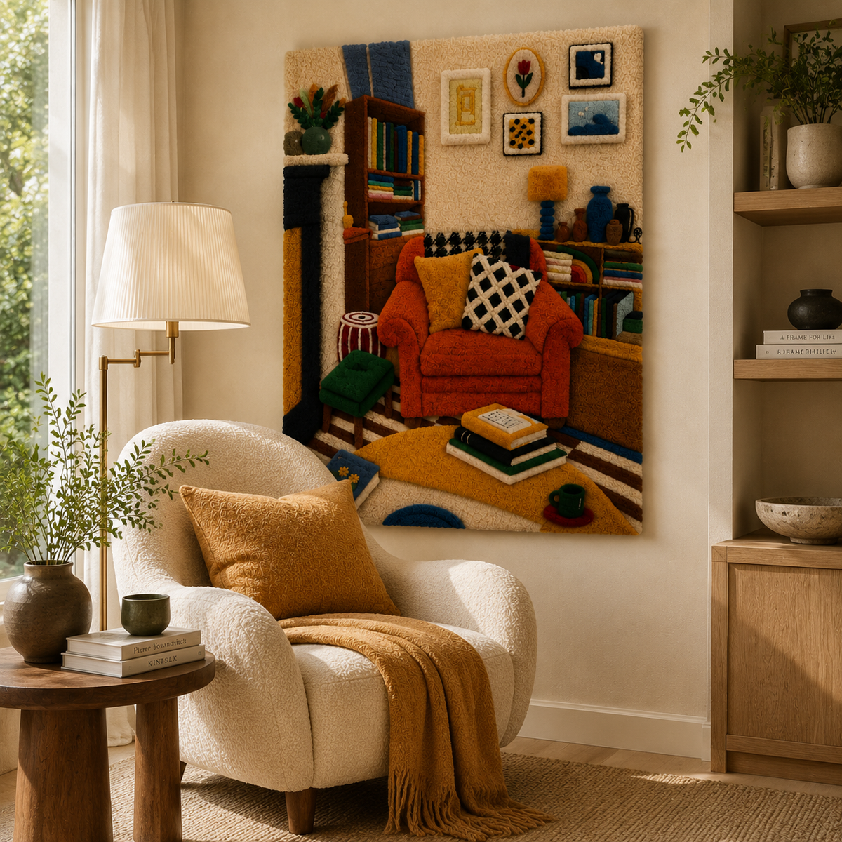 Hewn Earth Library in Ochre wall art featuring a detailed library scene with warm ochre tones and intricate design.