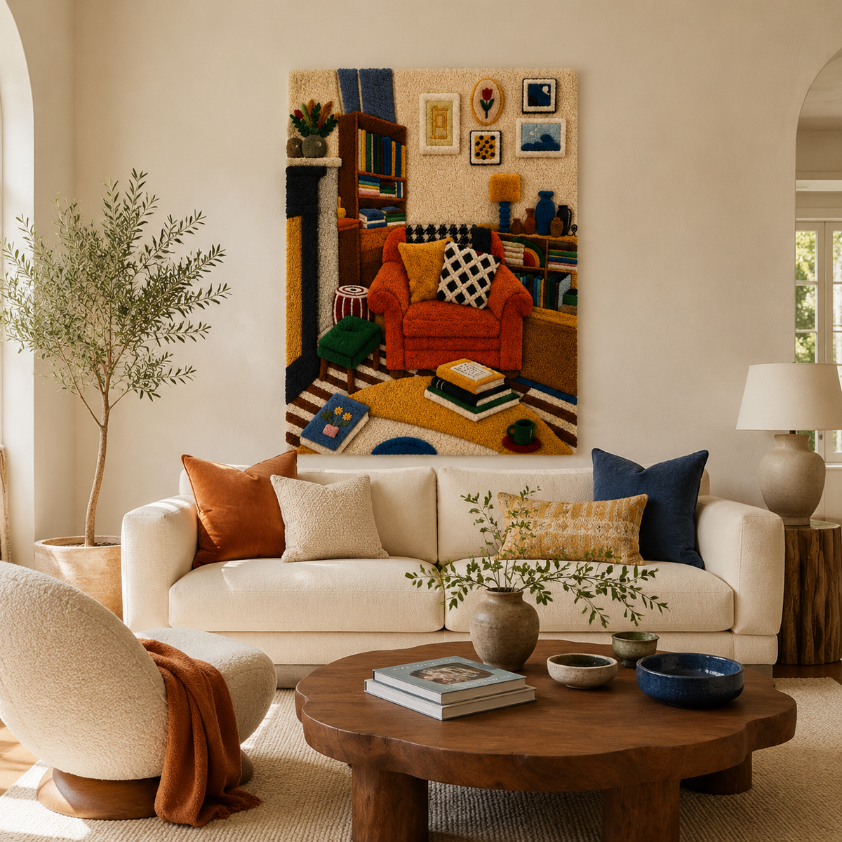 Hewn Earth Library in Ochre wall art featuring an abstract library scene with warm ochre tones and detailed shelving design.