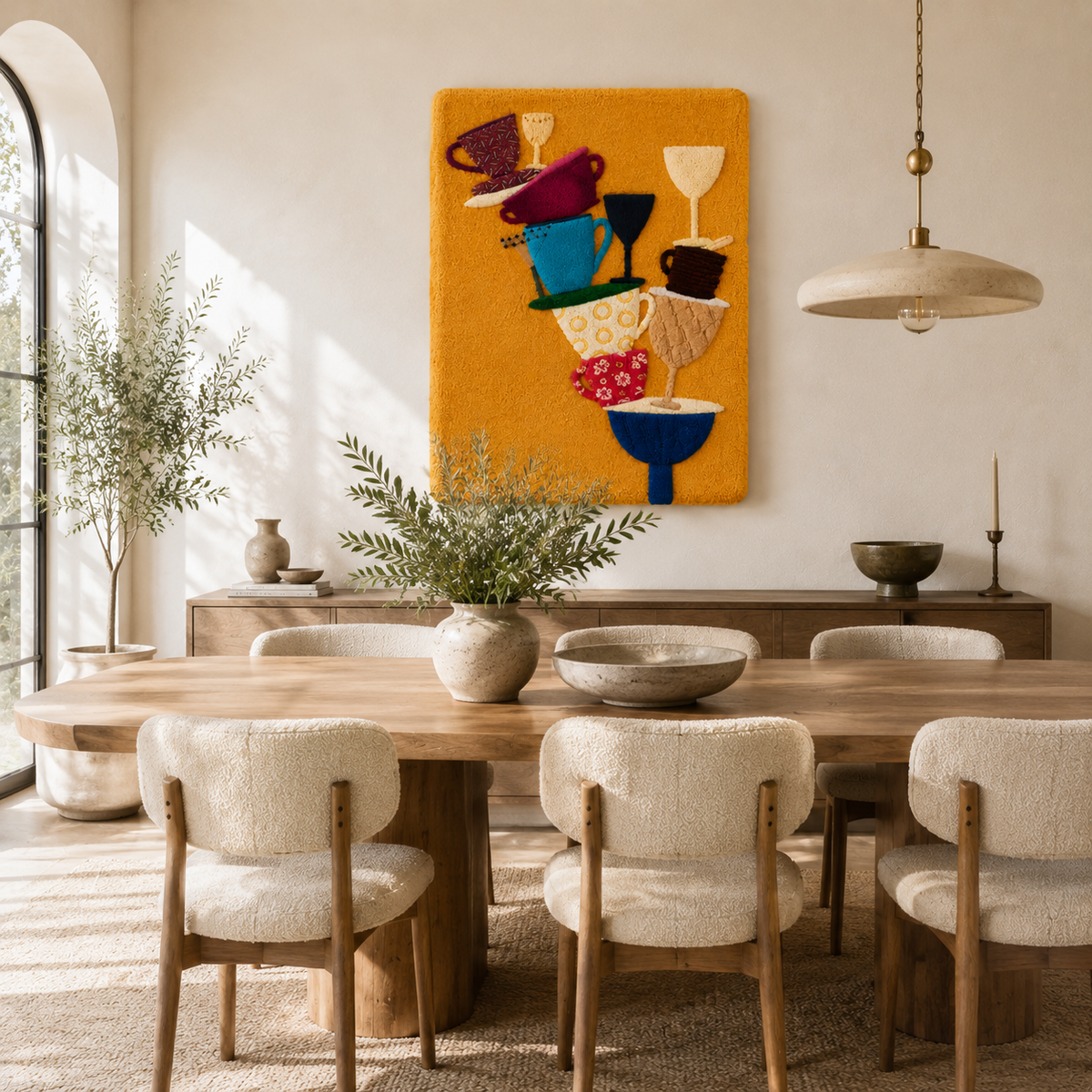 Hewn Earth Saffron Cup Tower wall art featuring a vibrant saffron-colored sculpture displayed on a wall.