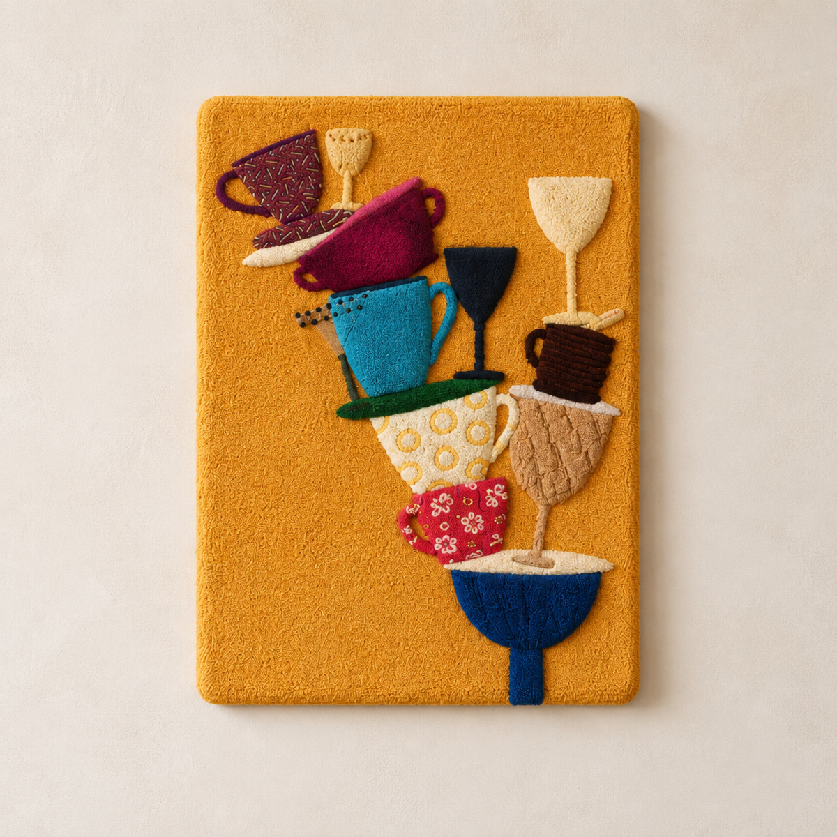 Hewn Earth Saffron Cup Tower wall art featuring a colorful, abstract design on a light background.