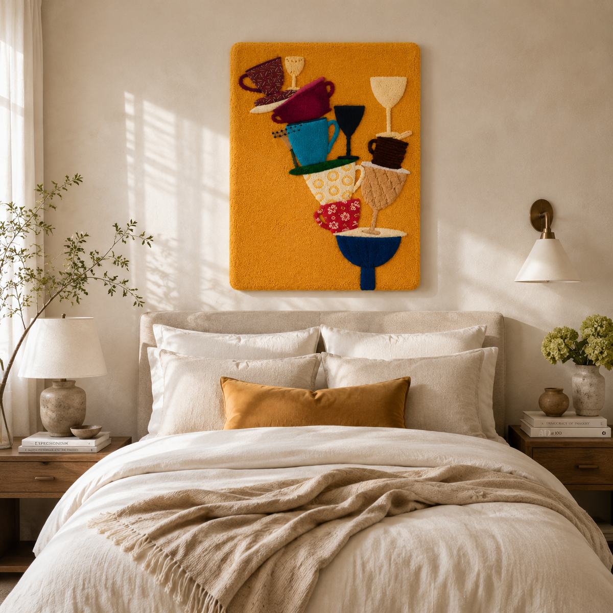 Hewn Earth Saffron Cup Tower wall art featuring a vibrant, textured design on a neutral background.