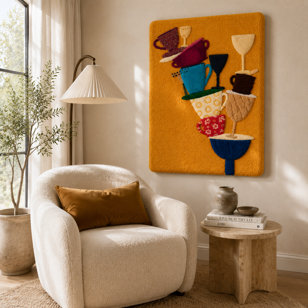 Hewn Earth Saffron Cup Tower wall art featuring layered, textured design in warm saffron and neutral tones for modern home decor.