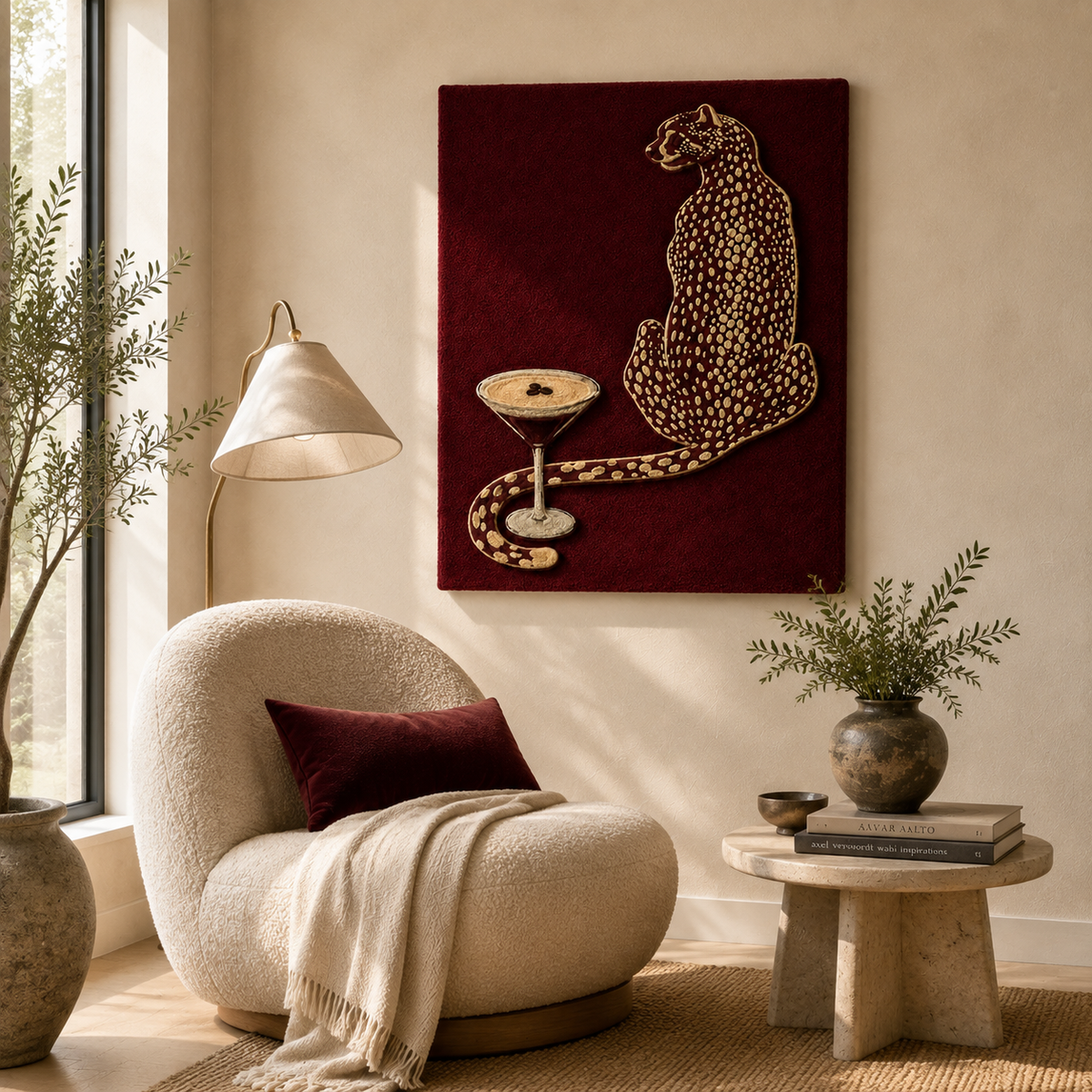 Hewn Earth oxblood leopard wall art featuring a bold leopard design on a textured background for modern interior decor.