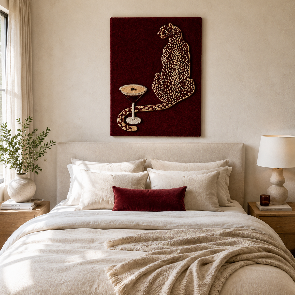 Oxblood Leopard wall art by Hewn Earth featuring a detailed leopard design on a vibrant oxblood background.