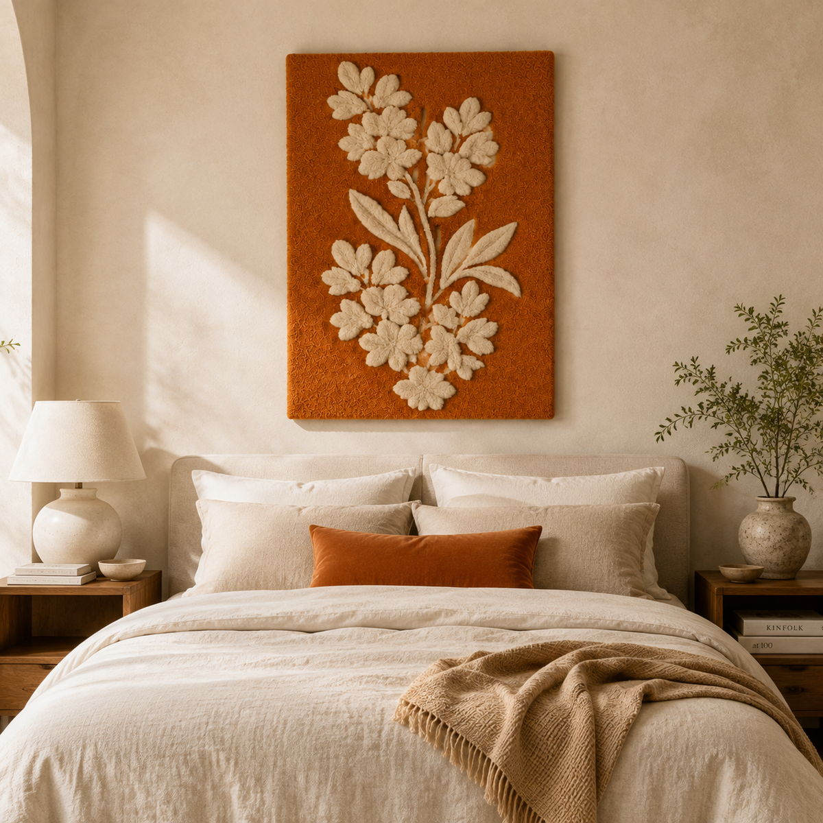 Ivory blossom branch wall art by Hewn Earth, featuring delicate ivory flowers on a natural wooden branch for elegant home decor.