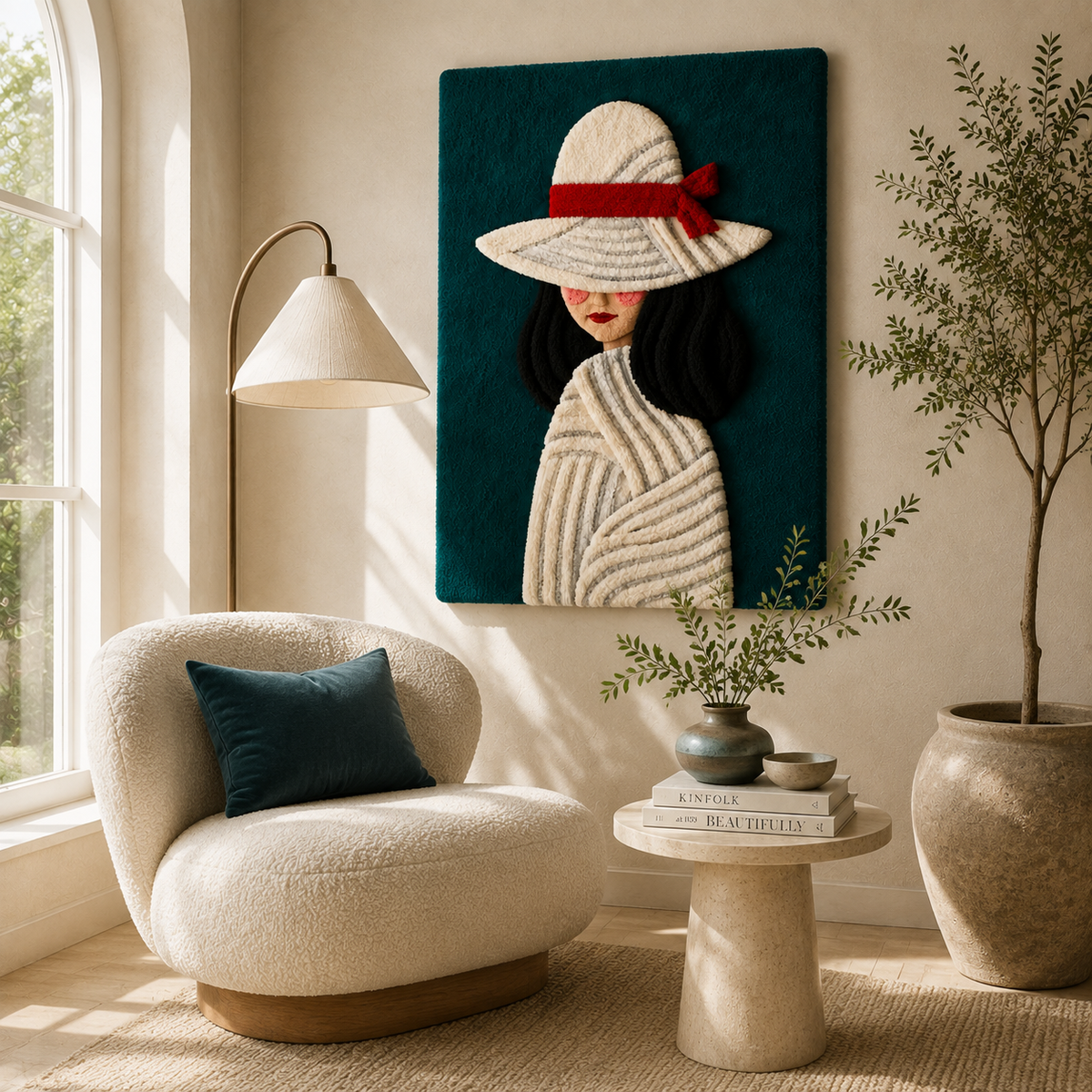 Teal wall art titled "Brim" by Hewn Earth, hanging on a room wall, featuring abstract design and textured surface.