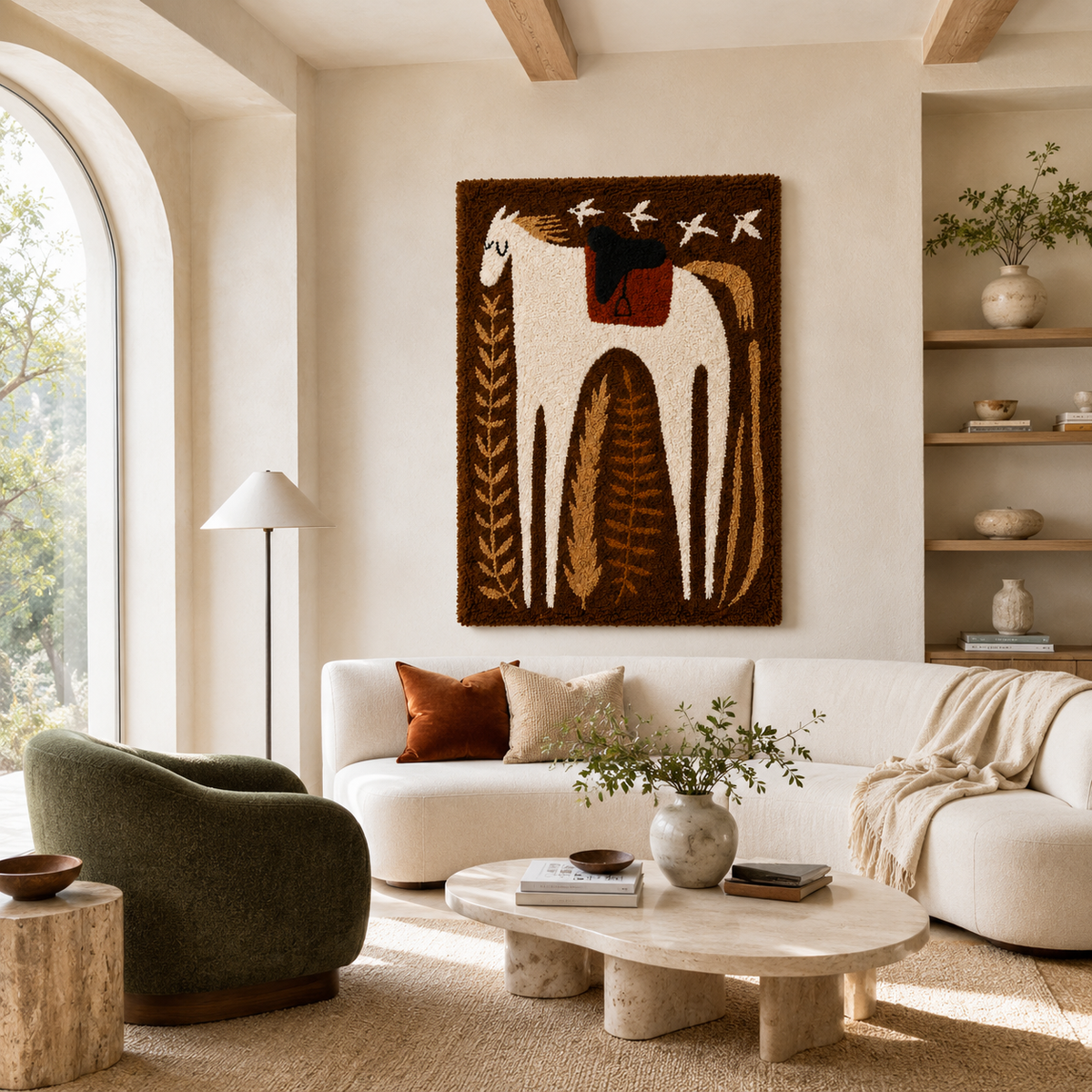 Wall art of a horse beneath swallows by Hewn Earth, featuring detailed illustration of horse and flying birds in natural tones.