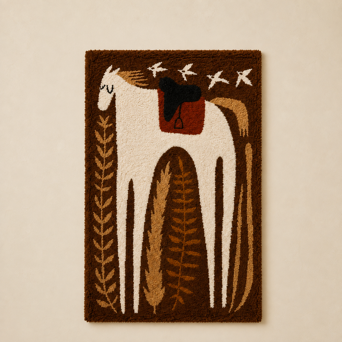 Hewn Earth wall art featuring a horse beneath swallows, showcasing detailed illustration and natural tones in a decorative design.