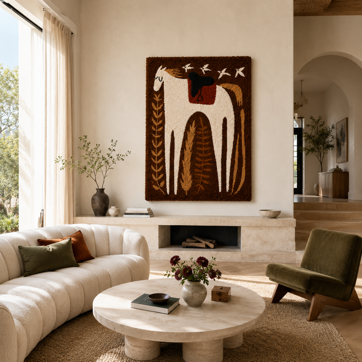 Hewn Earth wall art featuring a horse beneath swallows, showcasing detailed illustration and natural earthy tones.