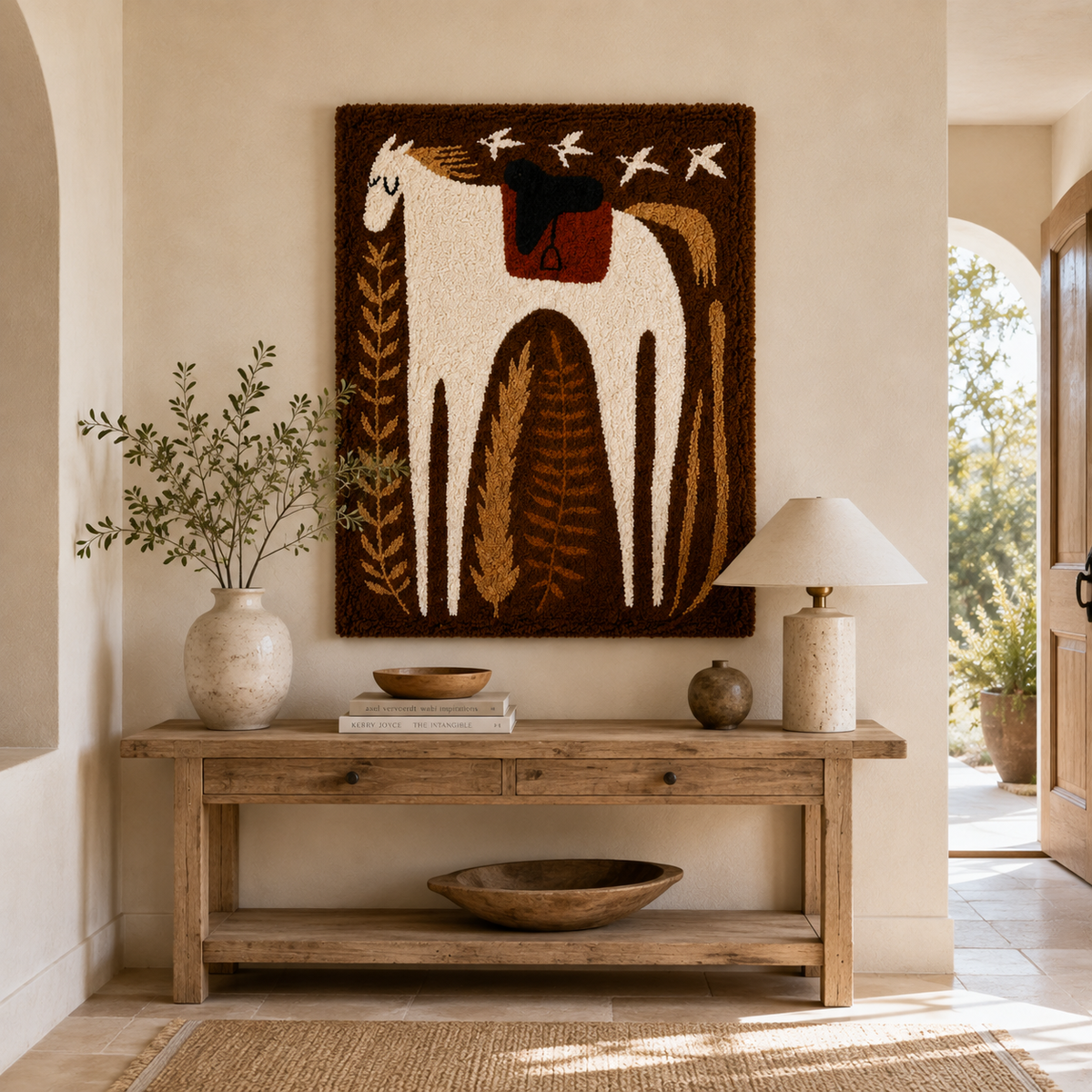 Hewn Earth wall art depicting a horse beneath soaring swallows, featuring detailed line work and natural earthy tones.