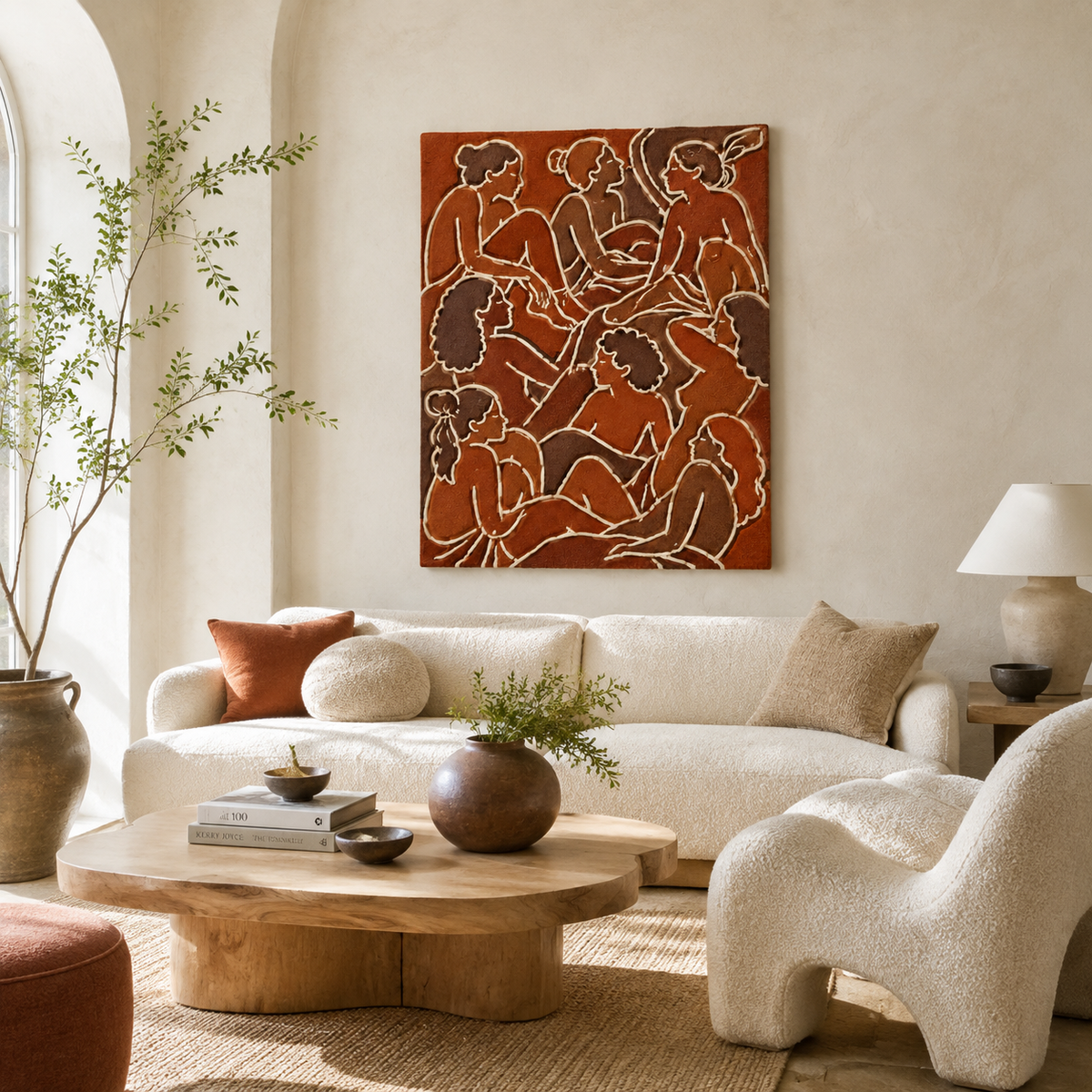 Hewn Earth terracotta wall art assembly with geometric shapes and textured surfaces, mounted on a modern room wall.