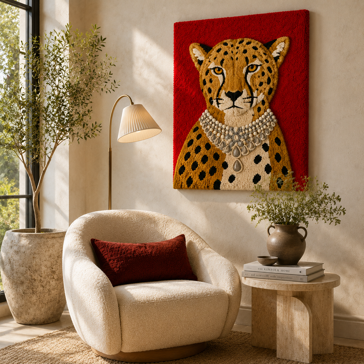 Hewn Earth Ruby Court Leopard wall art featuring a vibrant leopard design on a neutral background.