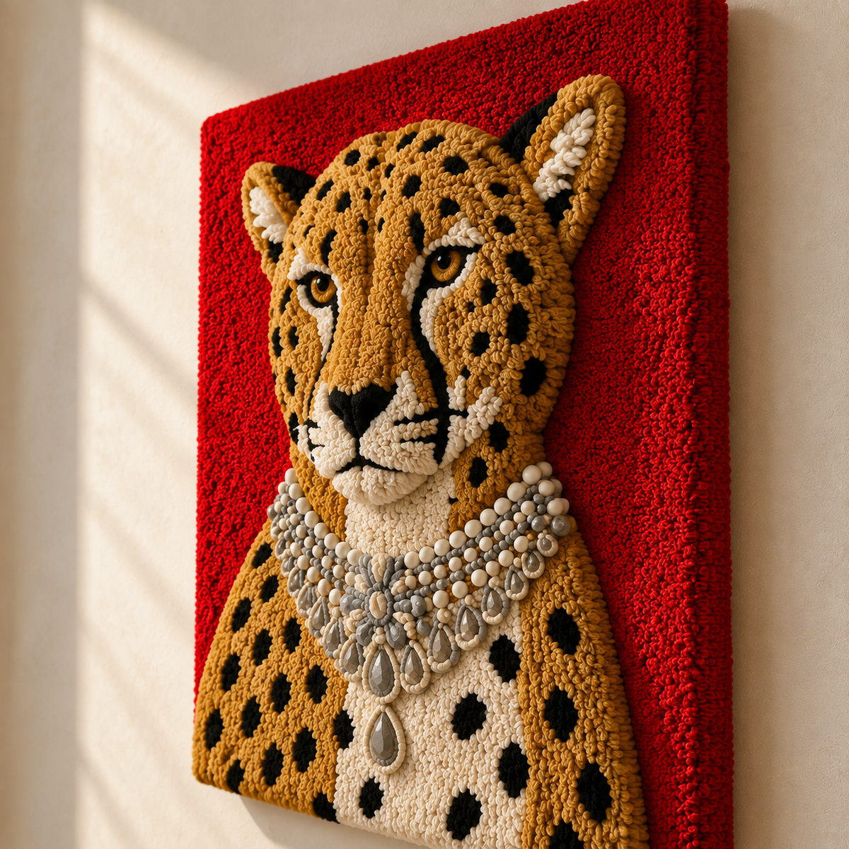 Hewn Earth Ruby Court Leopard wall art featuring a vibrant leopard design on a textured canvas.