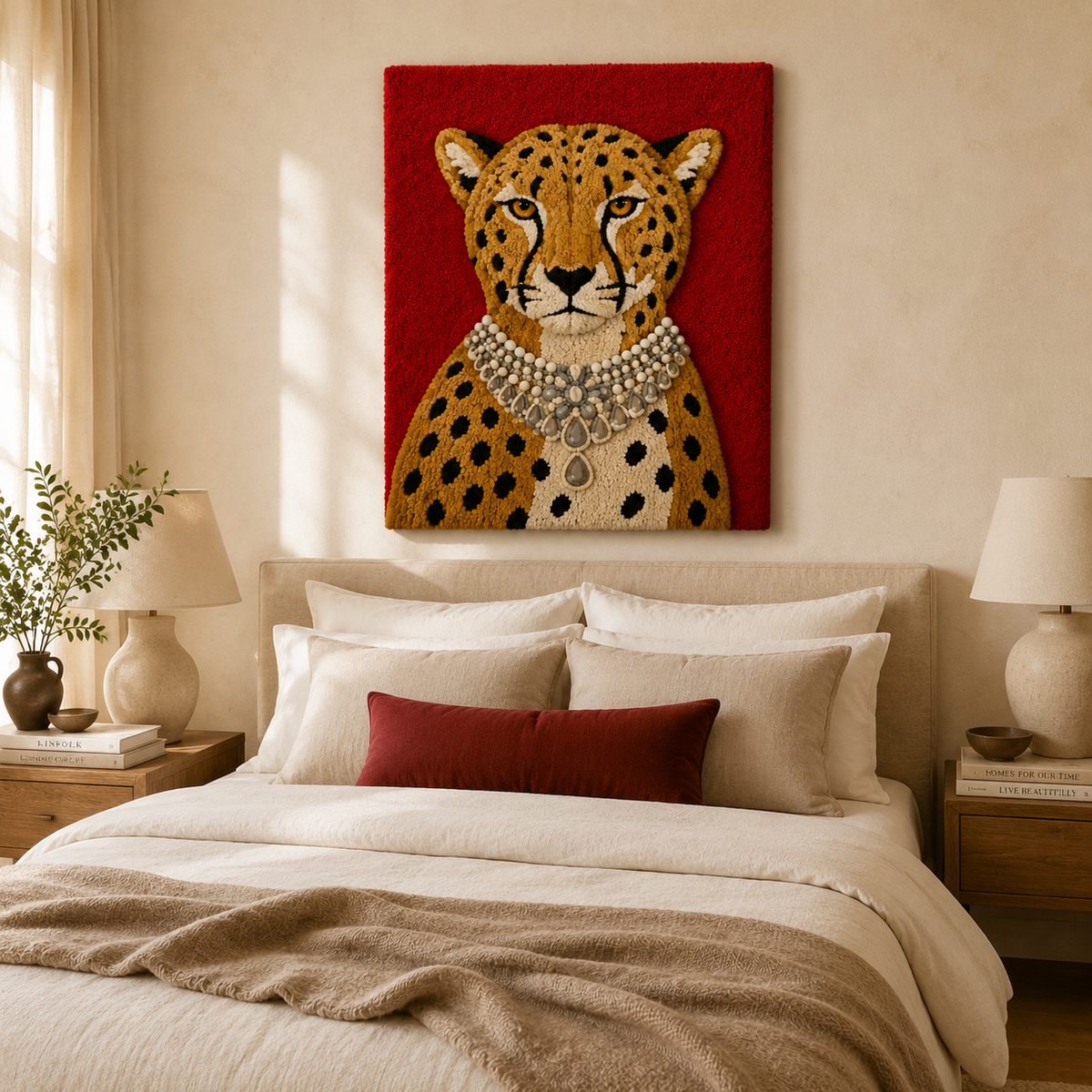 Hewn Earth Ruby Court Leopard wall art featuring a vibrant leopard print design on canvas for bold home decor.