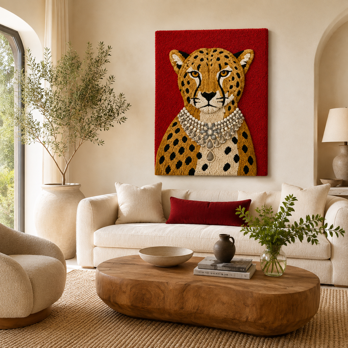 Hewn Earth Ruby Court Leopard wall art featuring a vibrant leopard design on textured canvas.