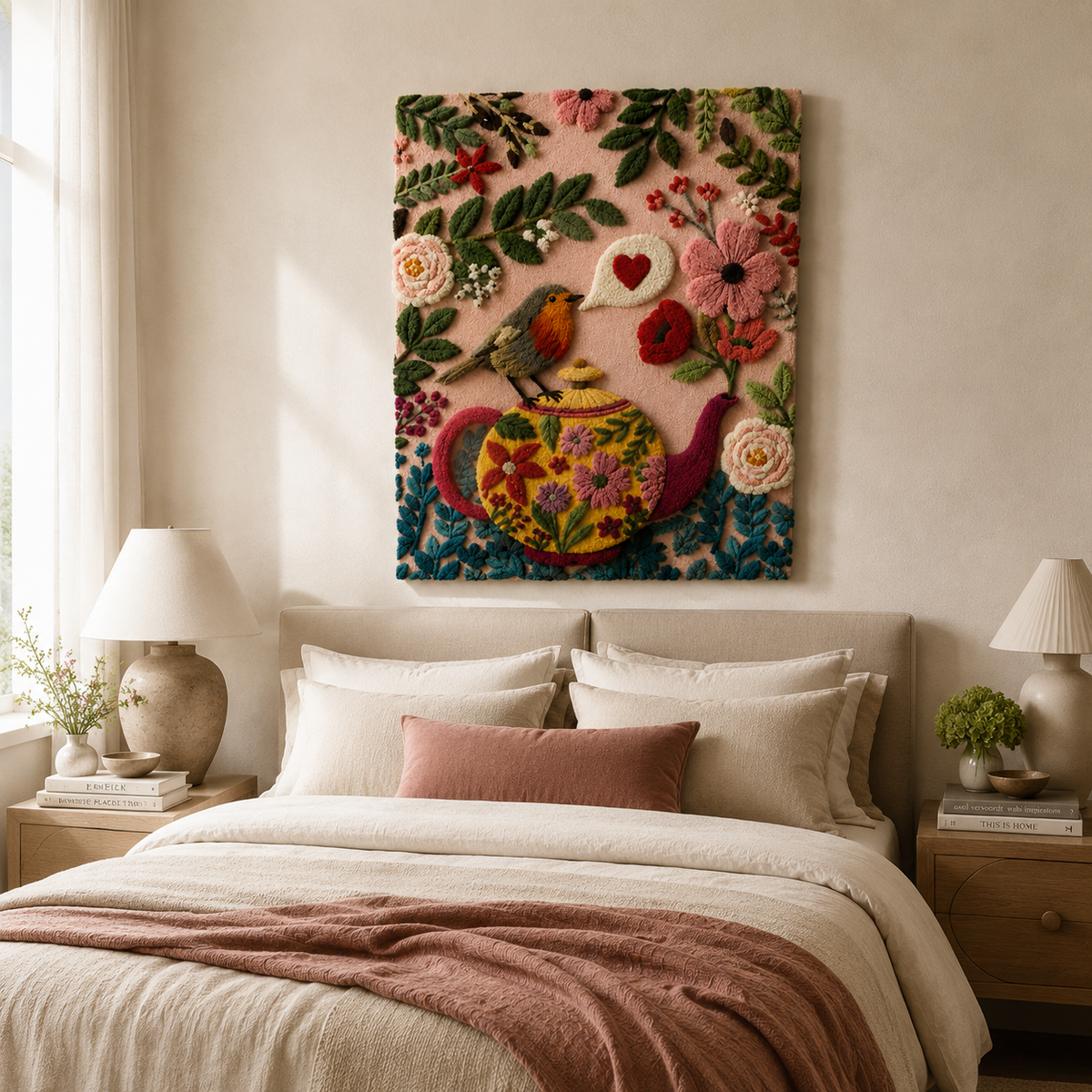Hewn Earth wall art featuring a colorful peacock in a rose garden, vibrant feathers and lush floral background.