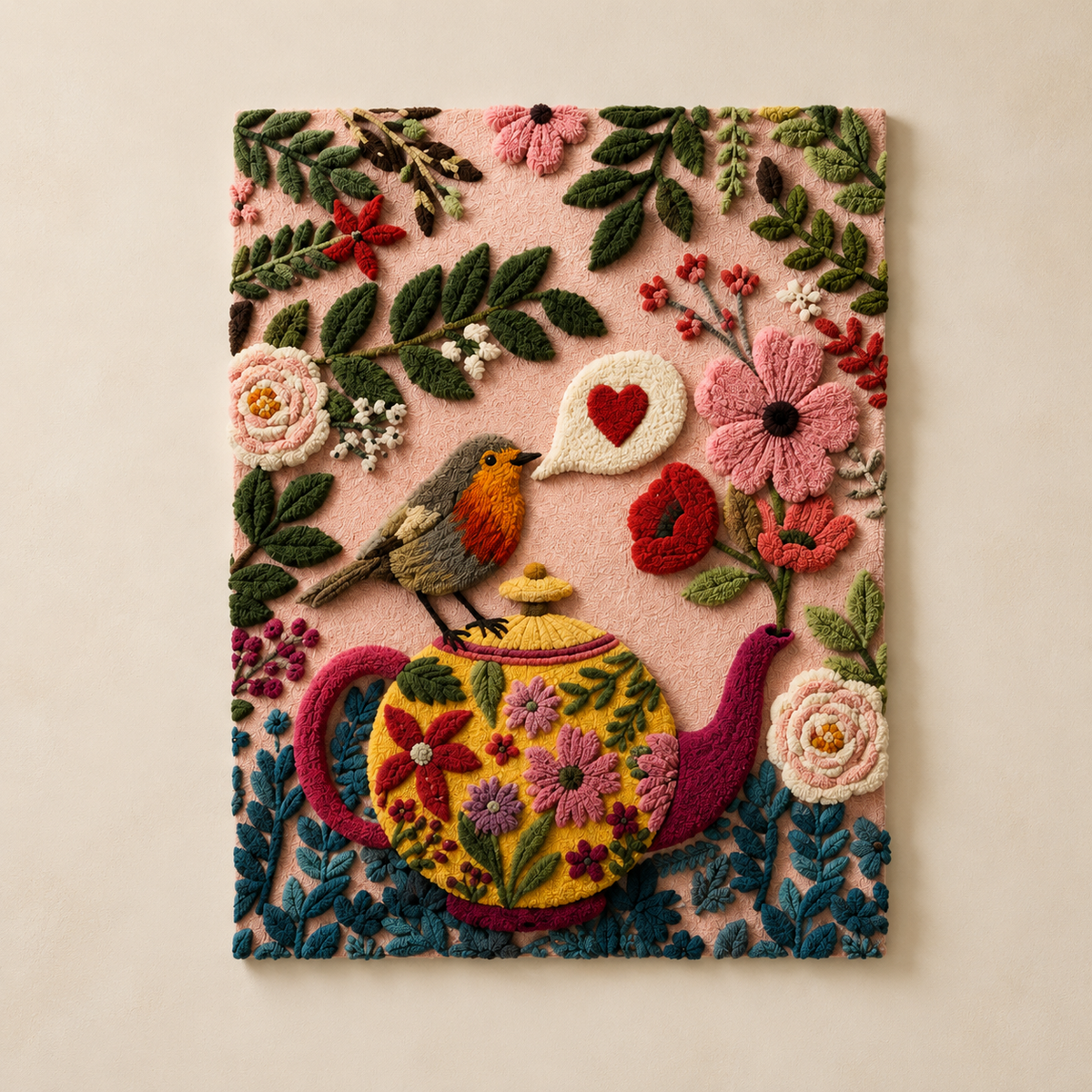 Hewn Earth wall art featuring a colorful peacock in a rose garden, vibrant and detailed decorative wall decor.