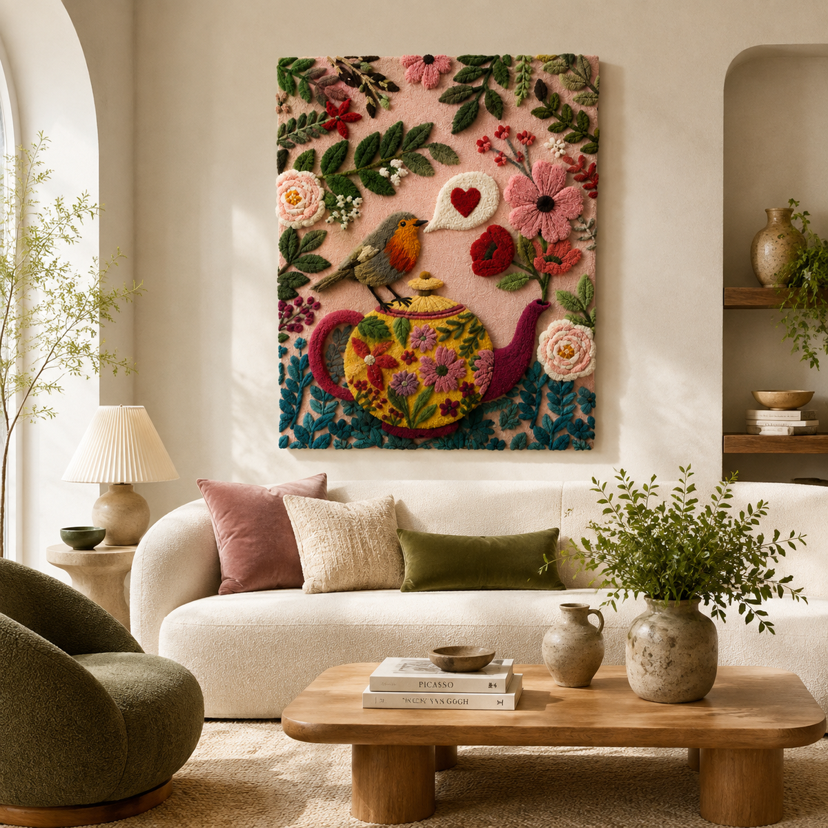 Hewn Earth wall art depicting a colorful peacock in a vibrant rose garden, detailed and artistic home decor piece.