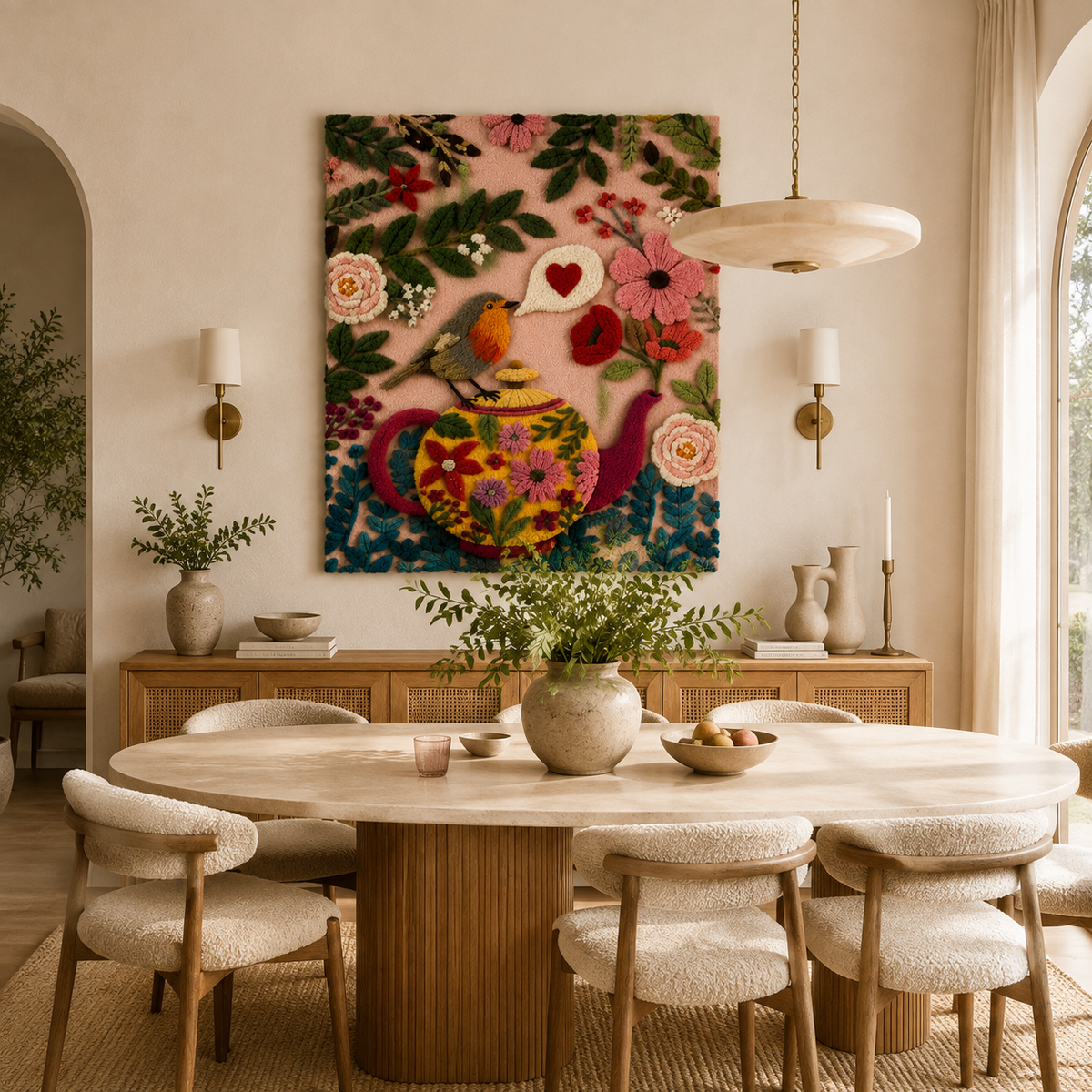 Hewn Earth wall art featuring a colorful peacock amid roses, decorative floral design for home wall decoration.