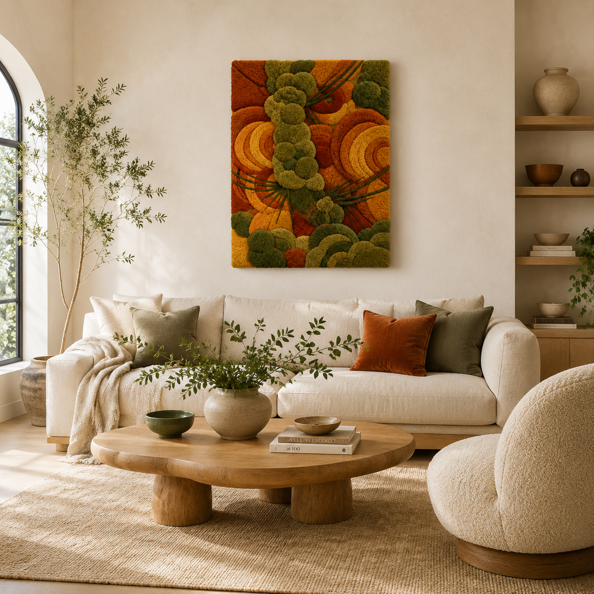 Hewn Earth Moss Current wall art featuring lush green moss textures and natural earthy tones, displayed on a modern interior wall.