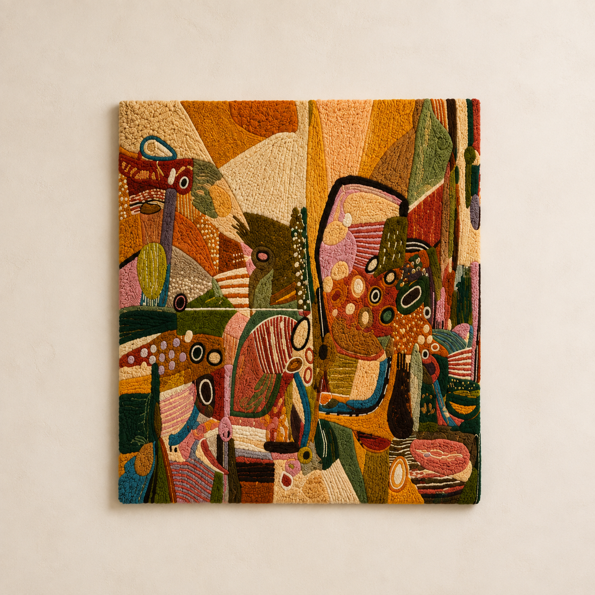 Hewn Earth Garden Geometry wall art featuring abstract geometric patterns in earthy tones on a neutral background.