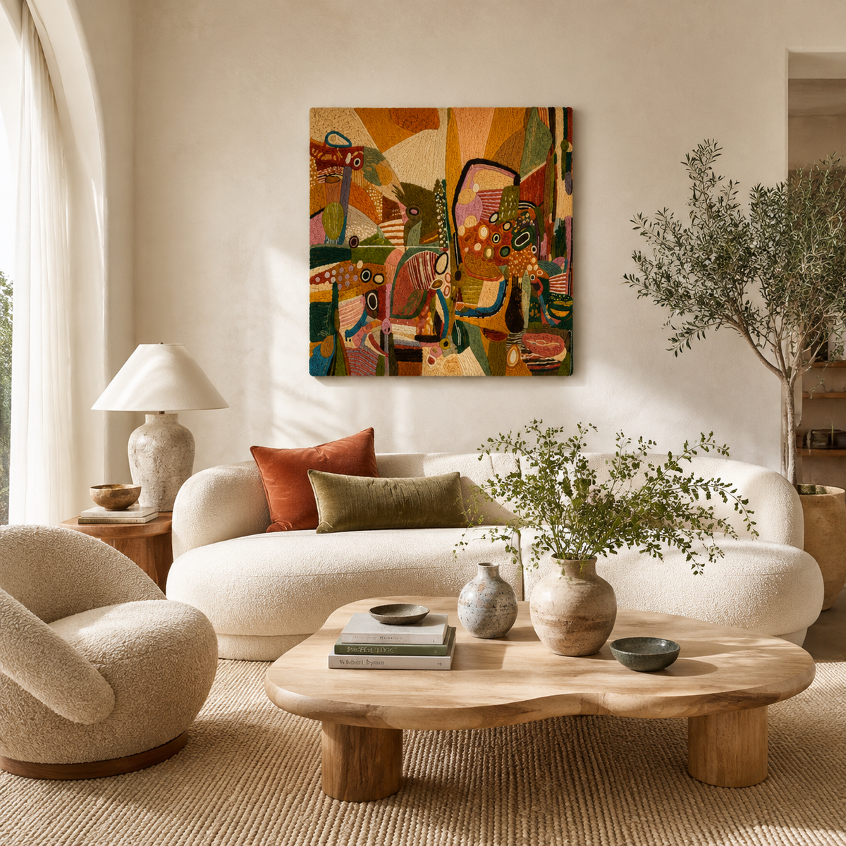 Hewn Earth Garden Geometry wall art featuring abstract geometric patterns in earthy tones on a white background.