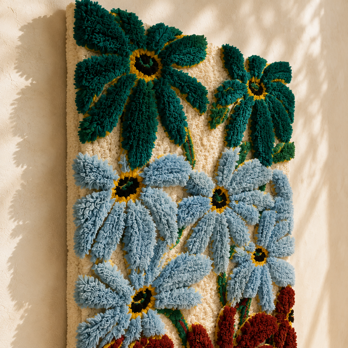 Blue Aster Field wall art by Hewn Earth featuring a vibrant blue floral design on a natural background.
