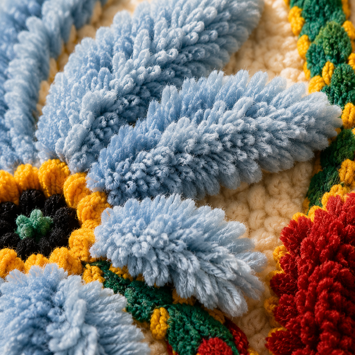 Close-up of Hewn Earth Blue Aster Field wall art, showcasing vibrant blue and green floral design on textured canvas.