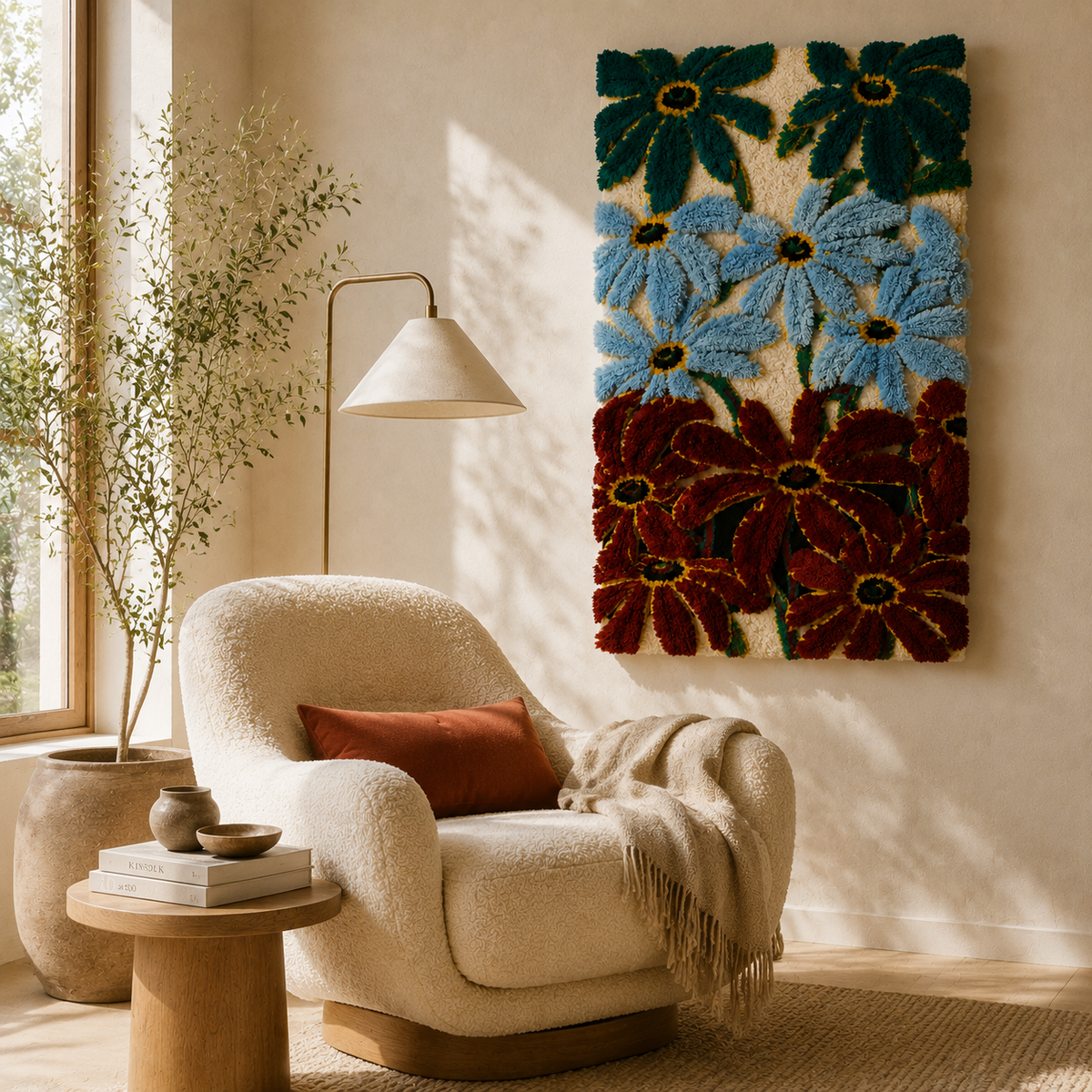 Blue Aster Field wall art by Hewn Earth featuring a vibrant blue floral design on a neutral background.