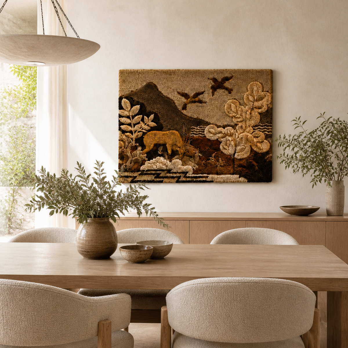 Hewn Earth Woodland Passage wall art featuring a nature-inspired woodland scene with trees and greenery on a canvas.