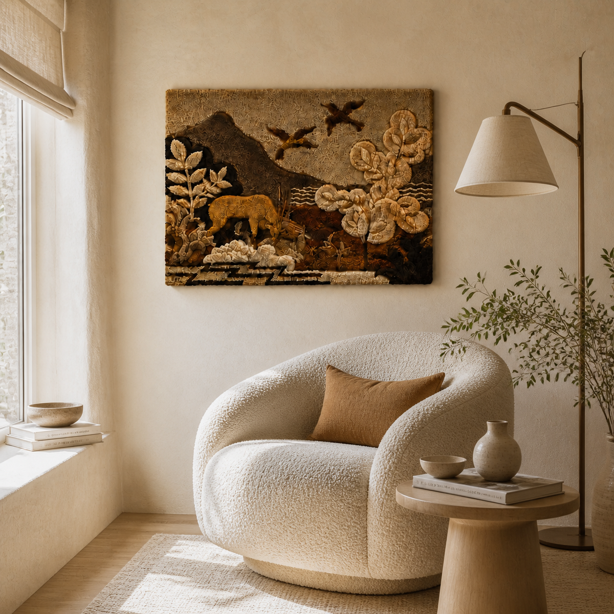 Woodland Passage Hewn Earth wall art featuring a serene forest scene with lush trees and soft natural lighting.
