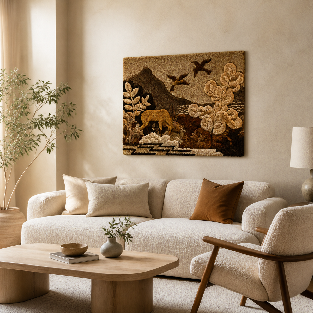 Hewn Earth Woodland Passage wall art featuring a serene natural forest scene in muted tones.